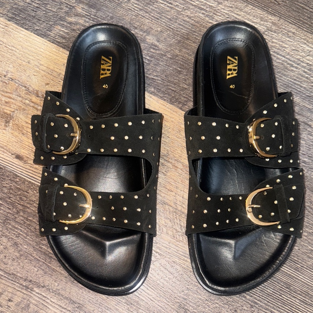 Zara Black Sandals with Gold Studs